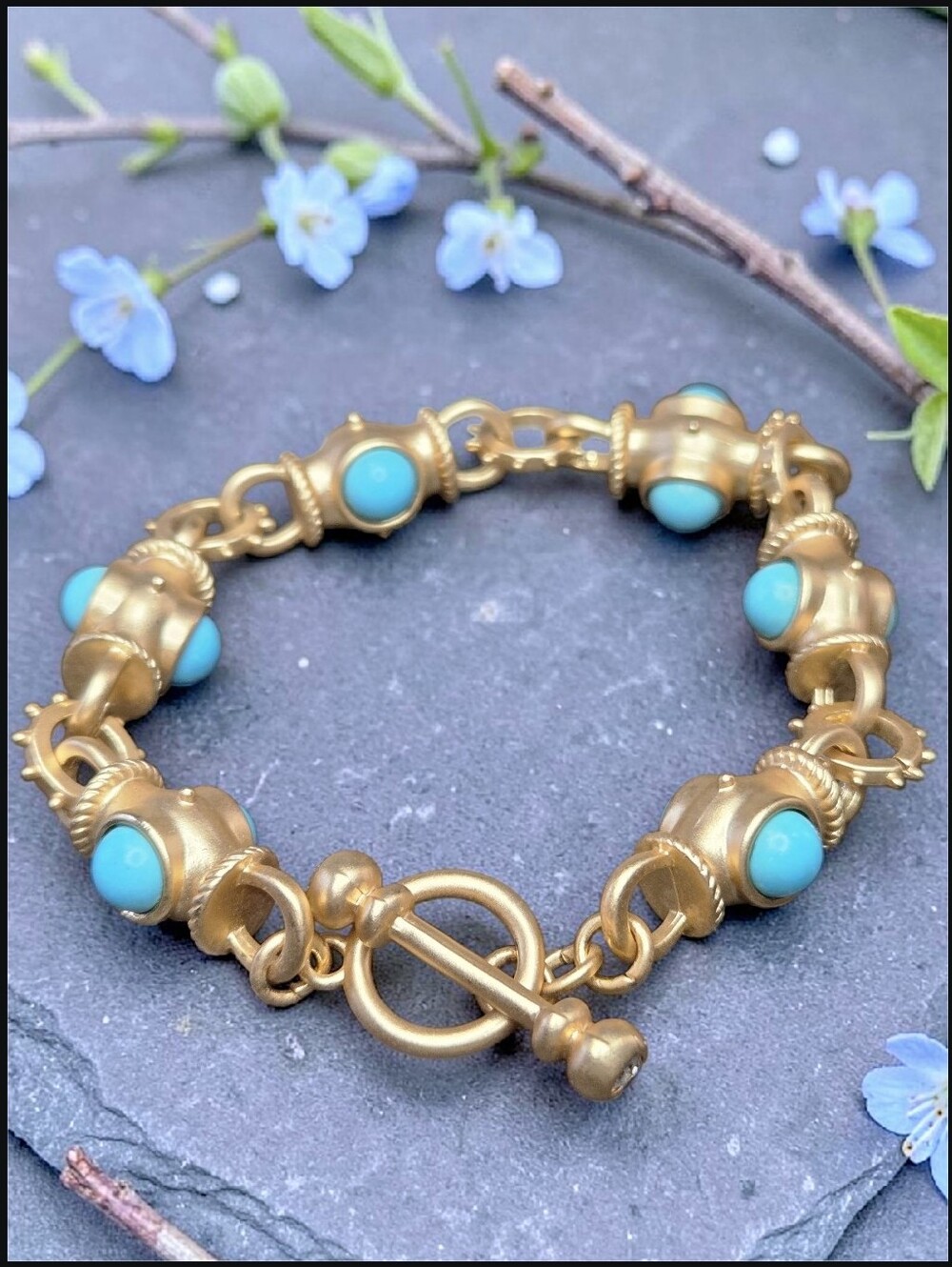 Matte Gold Byzantine Revival Turquoise Cabochon Toggle Bracelet